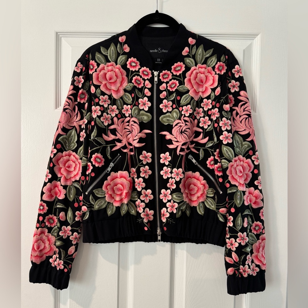 Needle & Thread Flower Embroidered Black Bomber Jacket